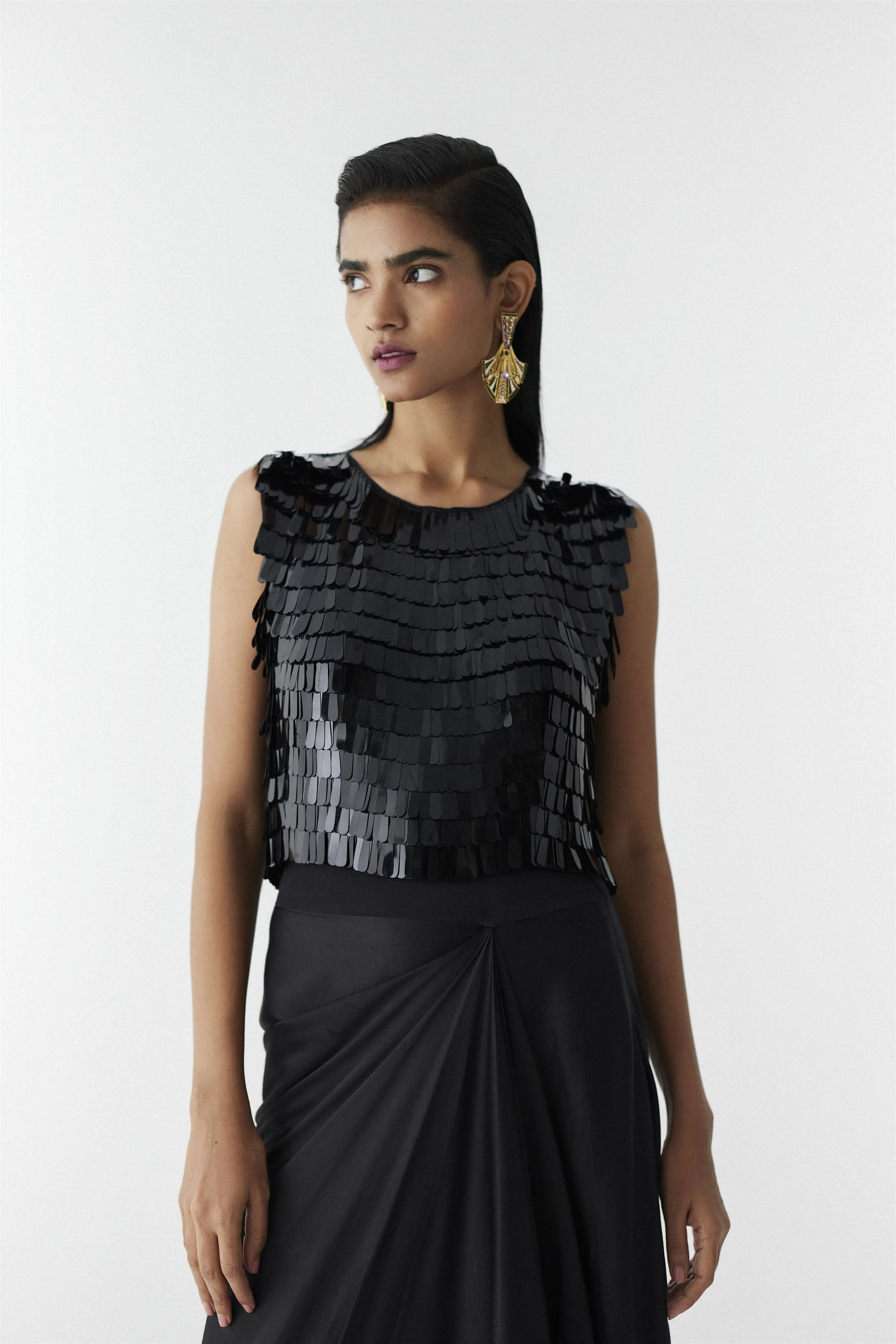 New Season Summer to Fall 2024-Co-ord Toucan Sequin Blouse Knot Skirt Vegan Silk Black-Studio Rigu-Fashion Edit Amazonico