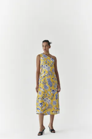 New Season Summer to Fall 2024-Dress One Shoulder Vegan Silk yellow Blue Pinepple Print-Studio Rigu-Fashion Edit Amazonico