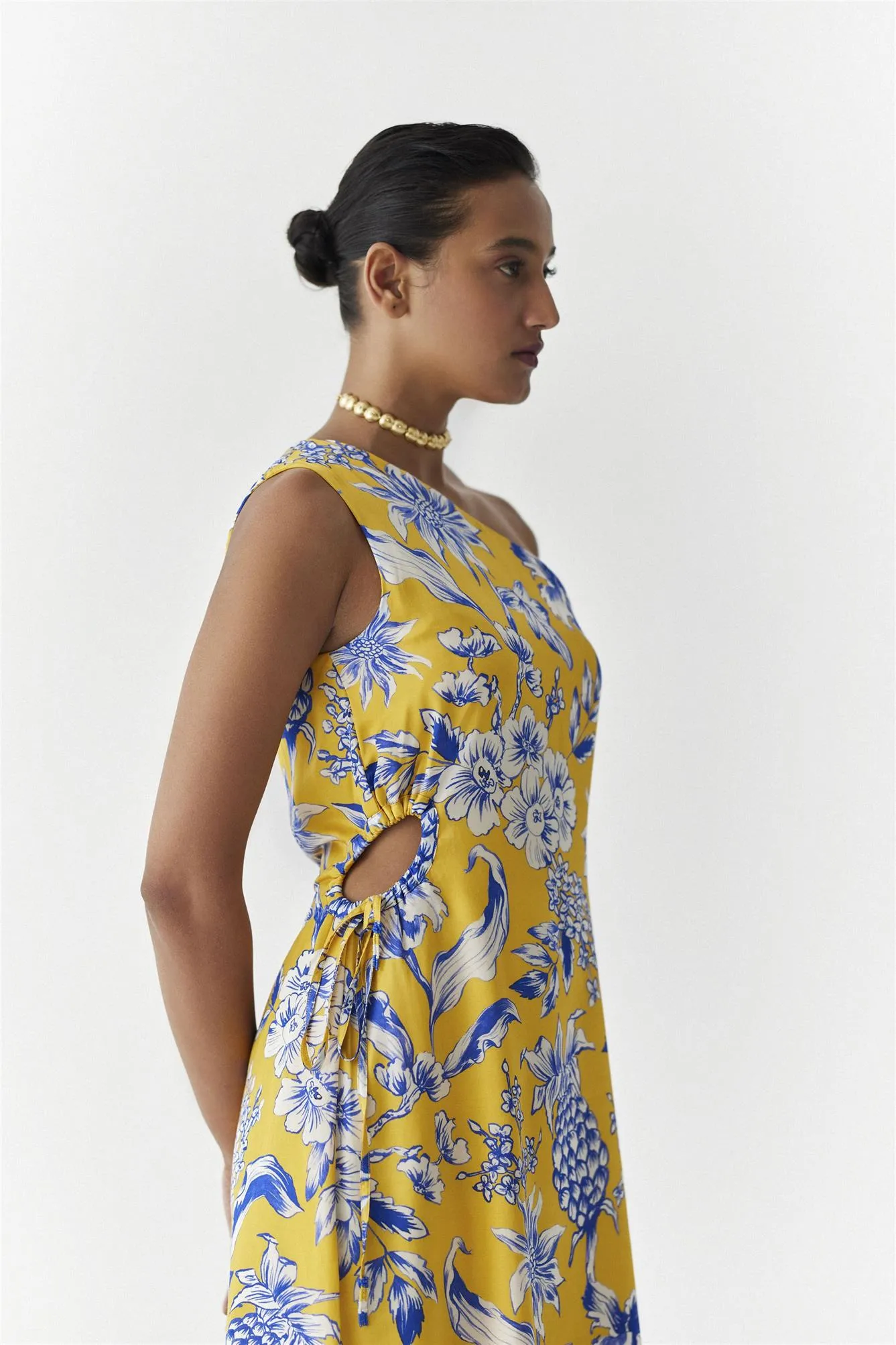 New Season Summer to Fall 2024-Dress One Shoulder Vegan Silk yellow Blue Pinepple Print-Studio Rigu-Fashion Edit Amazonico