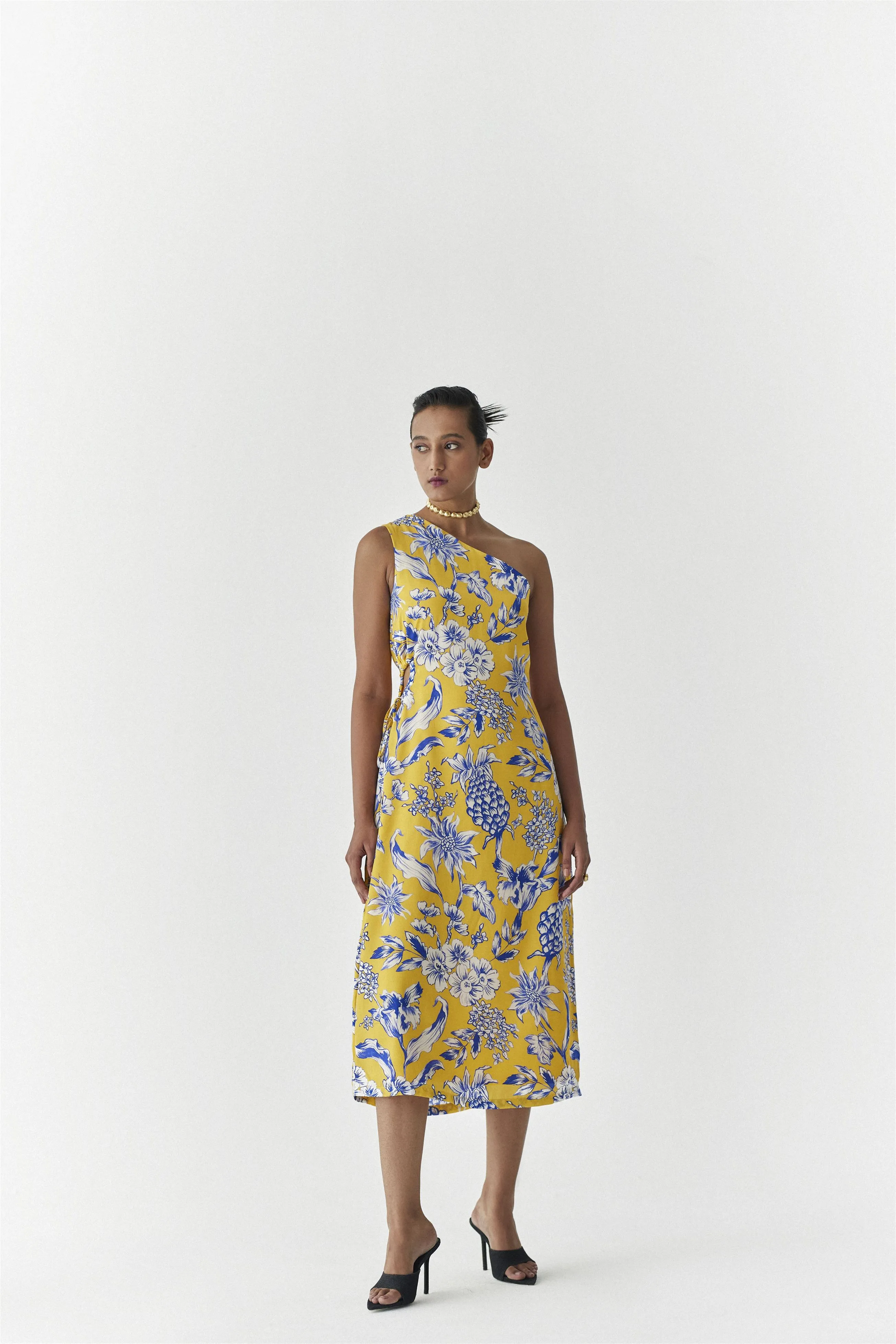 New Season Summer to Fall 2024-Dress One Shoulder Vegan Silk yellow Blue Pinepple Print-Studio Rigu-Fashion Edit Amazonico
