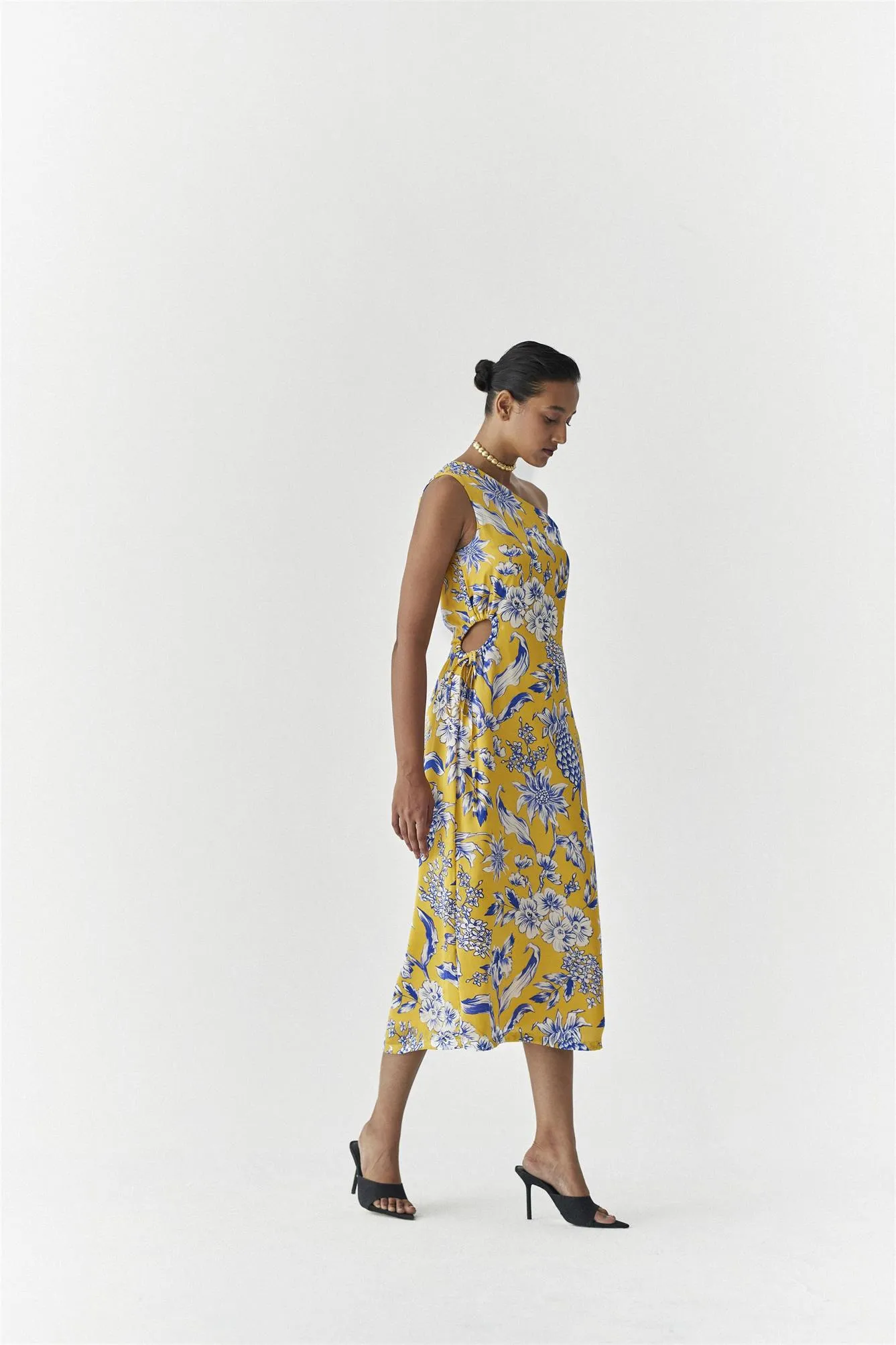 New Season Summer to Fall 2024-Dress One Shoulder Vegan Silk yellow Blue Pinepple Print-Studio Rigu-Fashion Edit Amazonico