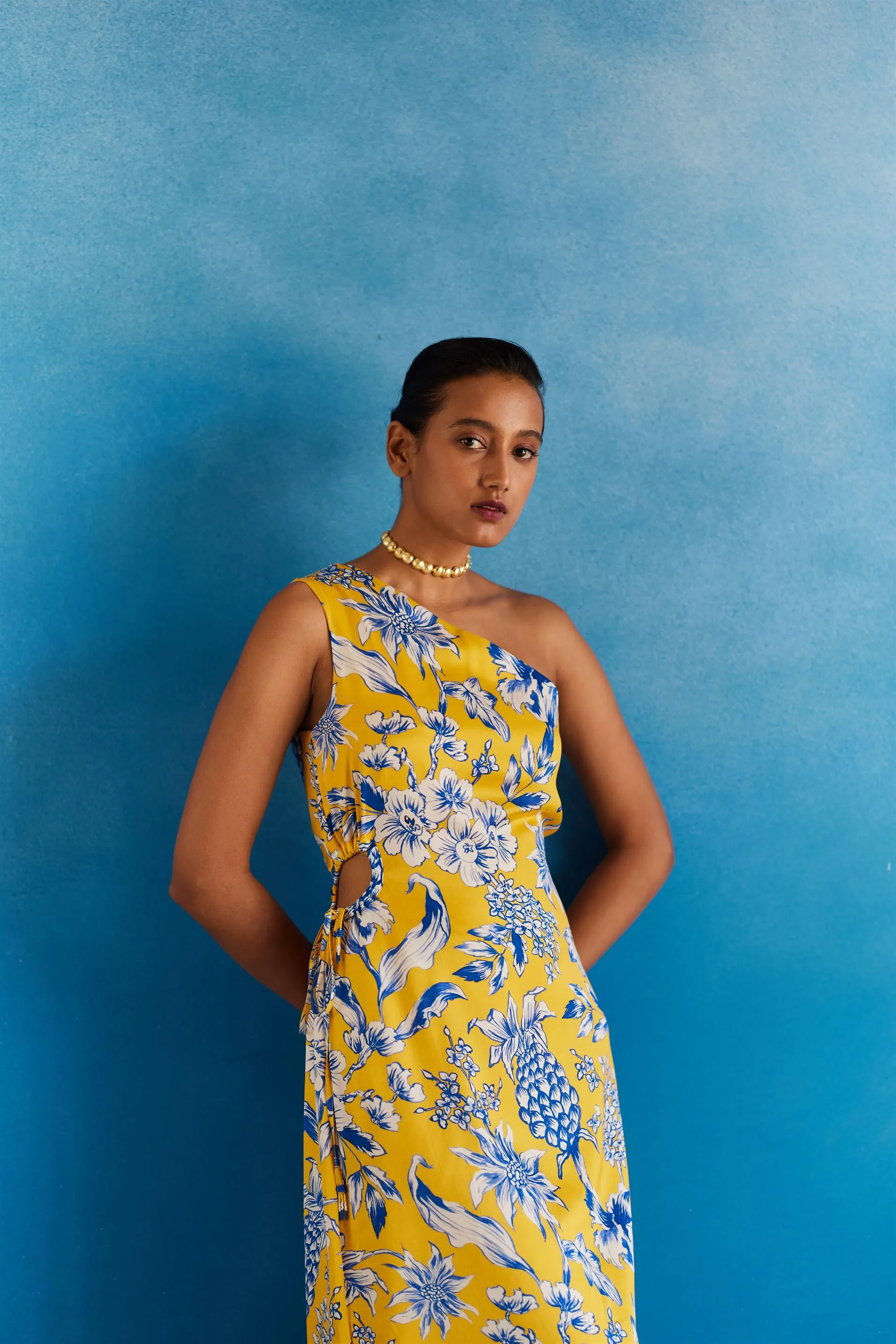 New Season Summer to Fall 2024-Dress One Shoulder Vegan Silk yellow Blue Pinepple Print-Studio Rigu-Fashion Edit Amazonico
