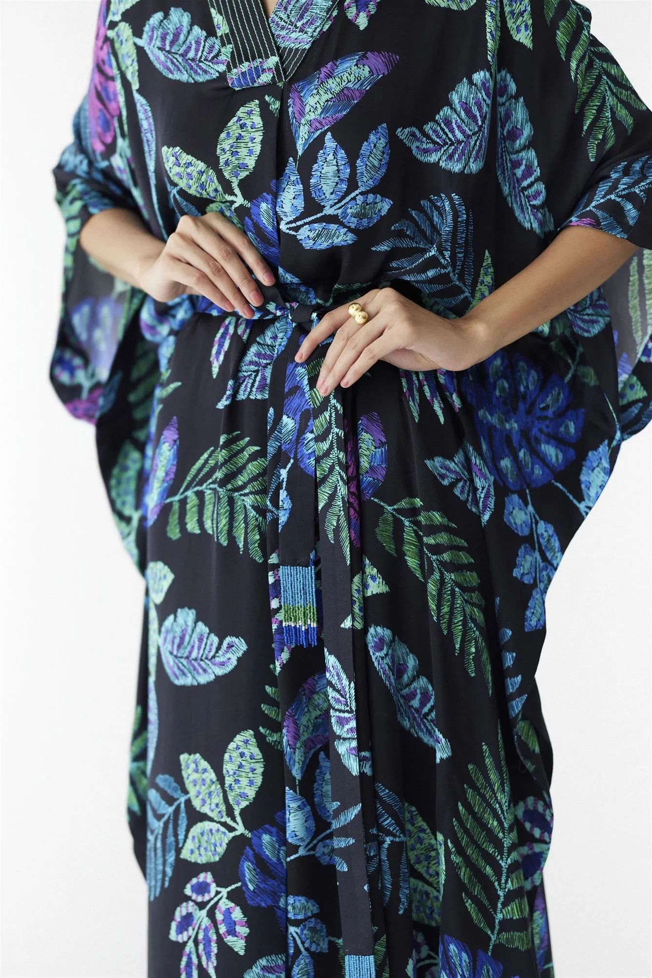 New Season Summer to Fall 2024-Kaftan Jungle Vegan Silk Black Multi Color Print -Studio Rigu-Fashion Edit Amazonico