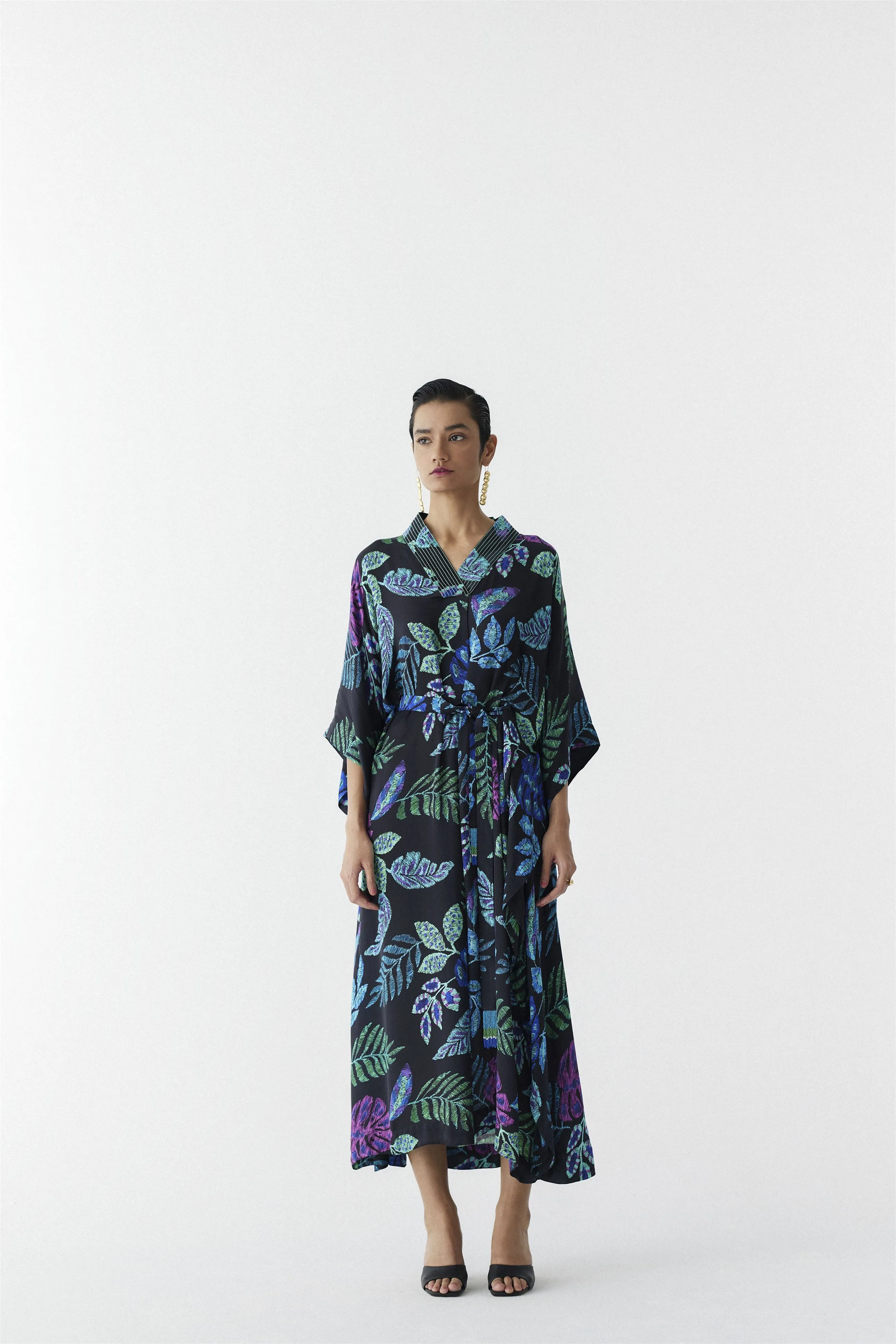 New Season Summer to Fall 2024-Kaftan Jungle Vegan Silk Black Multi Color Print -Studio Rigu-Fashion Edit Amazonico