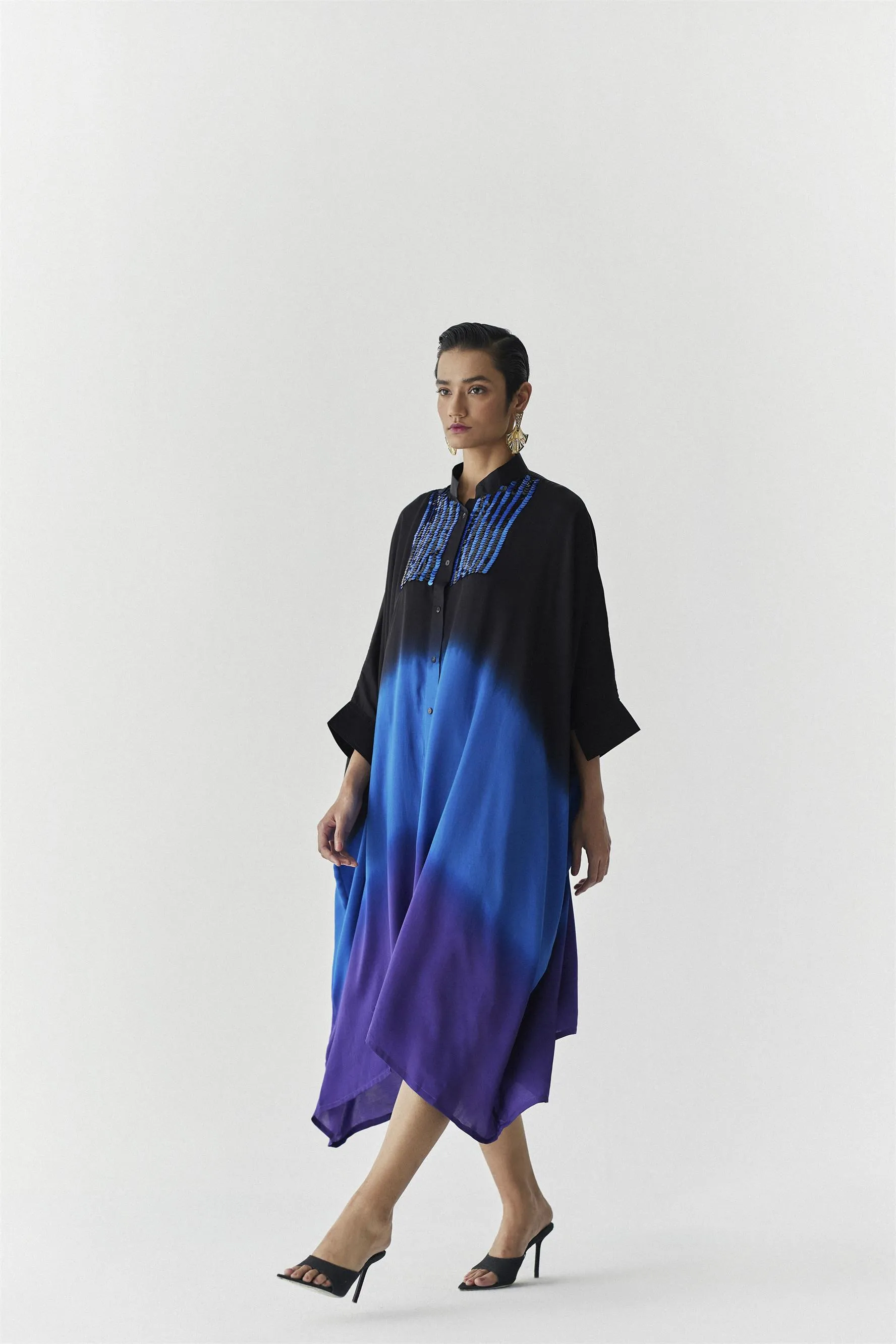 New Season Summer to Fall 2024-Kimono Thames Vegan Silk blackRoyal Blue to Purple-Studio Rigu-Fashion Edit Amazonico