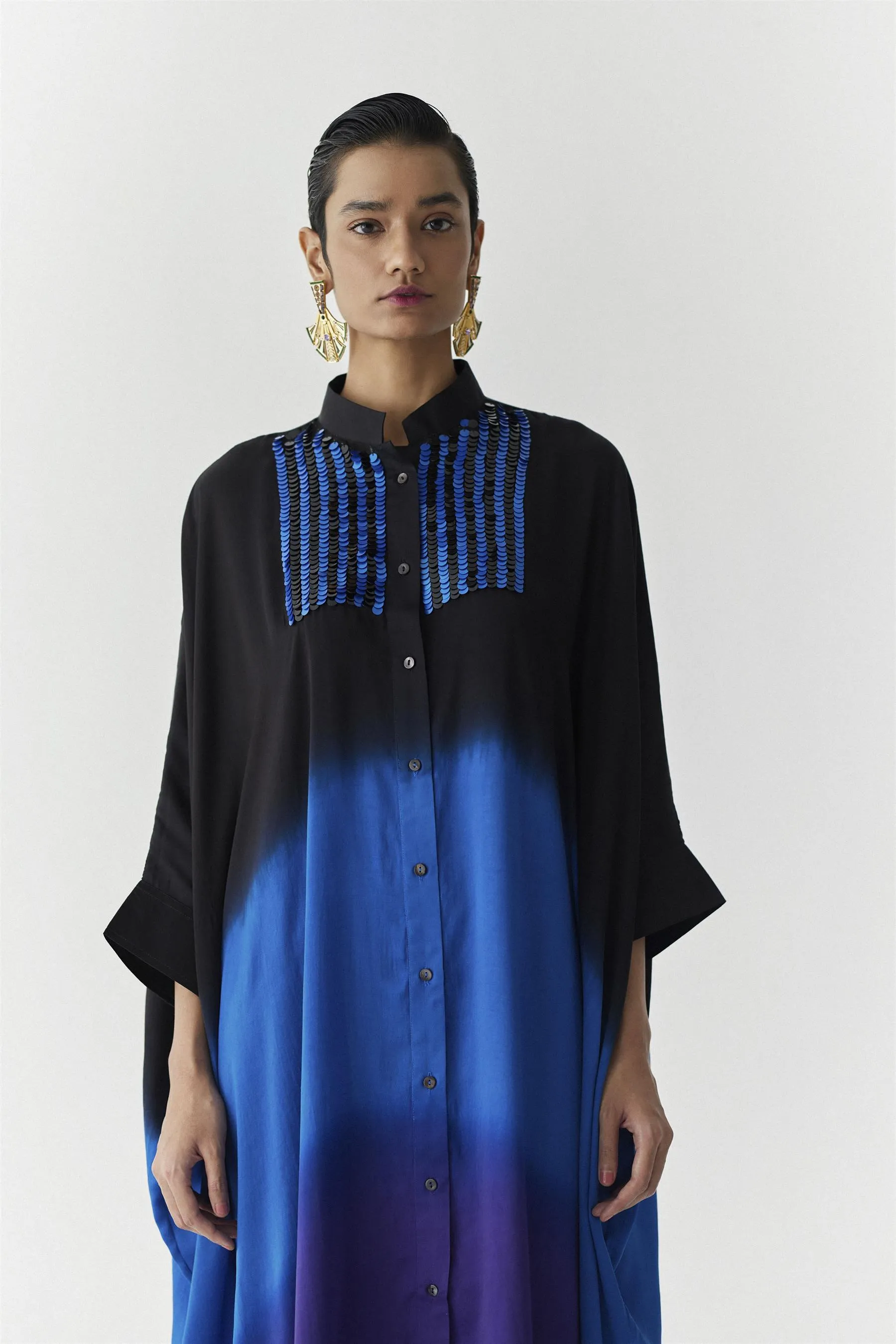 New Season Summer to Fall 2024-Kimono Thames Vegan Silk blackRoyal Blue to Purple-Studio Rigu-Fashion Edit Amazonico