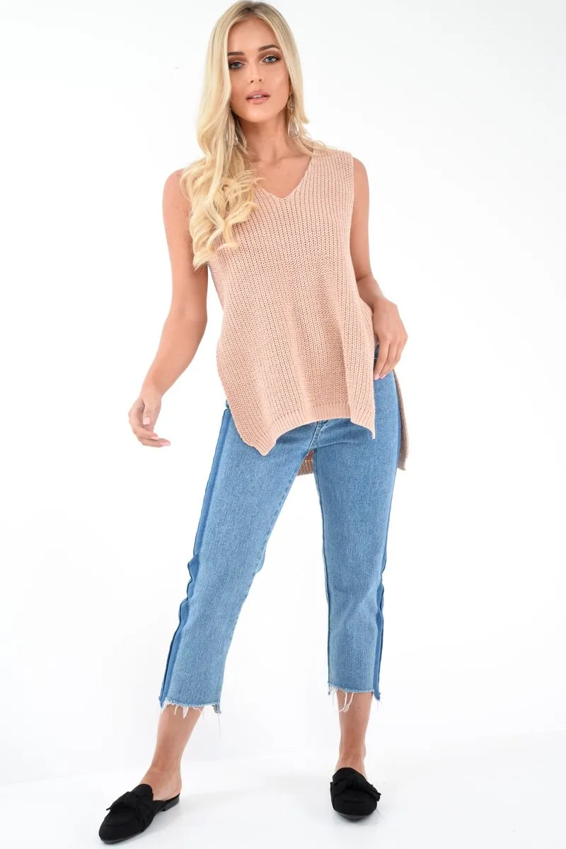 Nude Chunky Knit Sleeveless V Neck Jumper - Zaliyah