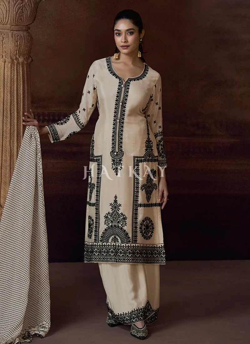 Off White Thread Embroidery Palazzo Suit