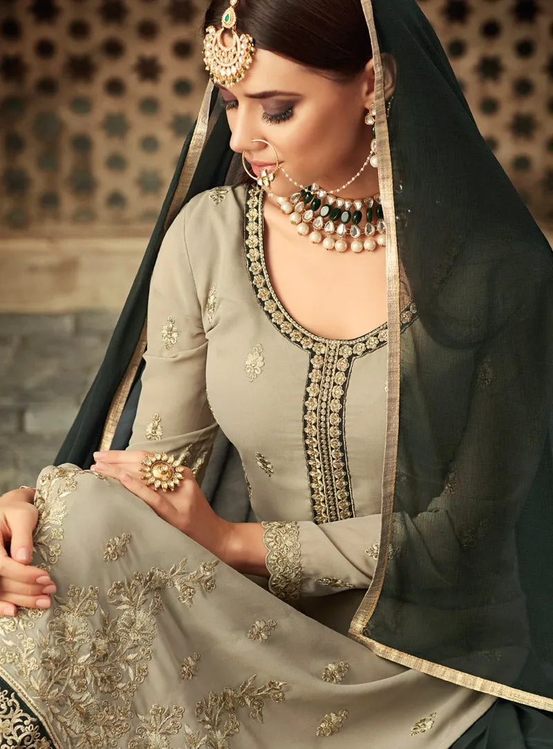 Olive Green Dual Tone Traditional Embroidered Palazzo Suit