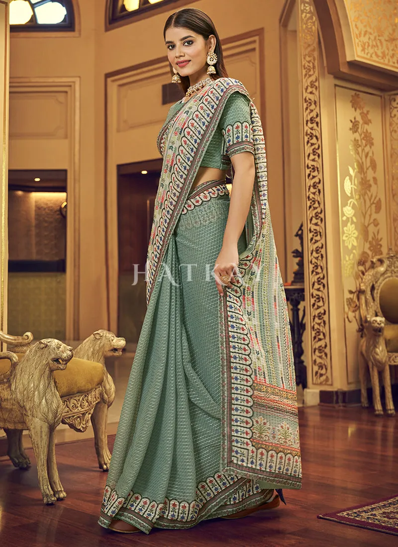 Pale Green Sequence Printed Georgette Saree