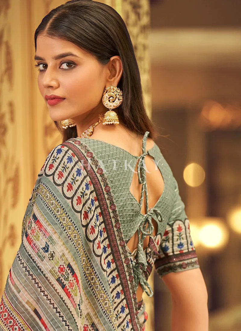 Pale Green Sequence Printed Georgette Saree