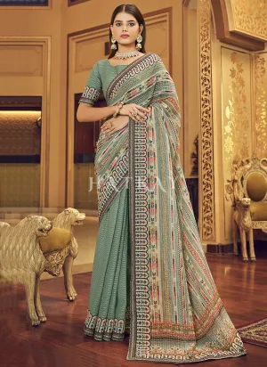 Pale Green Sequence Printed Georgette Saree