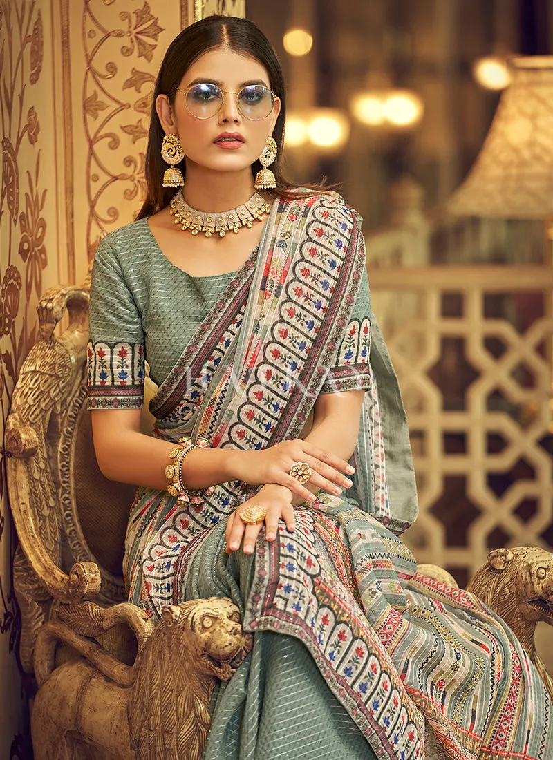 Pale Green Sequence Printed Georgette Saree