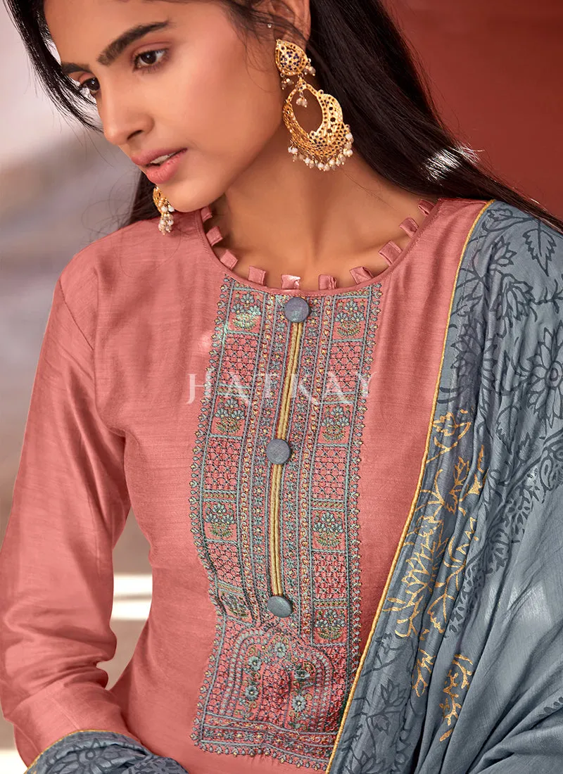 Peach And Blue Embroidered Pant Style Salwar Suit