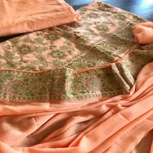Peach Banarasi Salwar Suit With Chiffon Dupatta