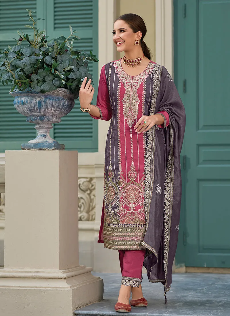 Pink And Purple Traditional Embroidery Pant Suit