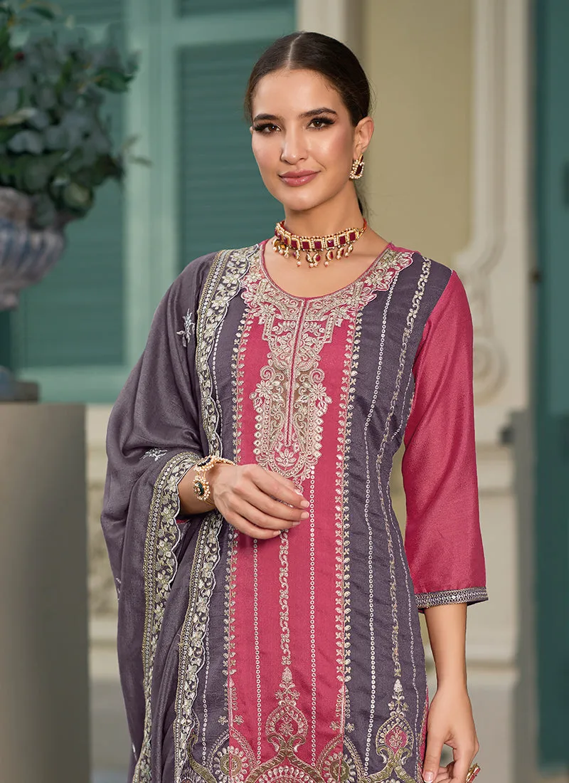 Pink And Purple Traditional Embroidery Pant Suit