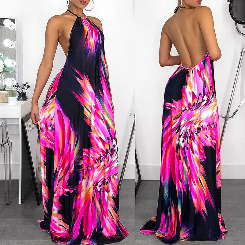 Print Halter Backless Maxi Dress