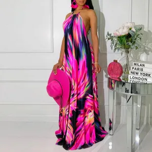 Print Halter Backless Maxi Dress