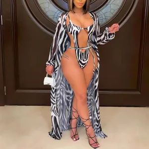 Print Long Sleeve Cut Out Two Piece Swimsuit Set