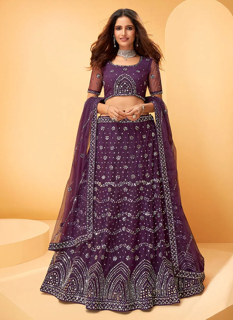 Purple Mirror Work Embroidered Wedding Lehenga Choli