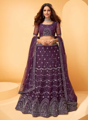 Purple Mirror Work Embroidered Wedding Lehenga Choli