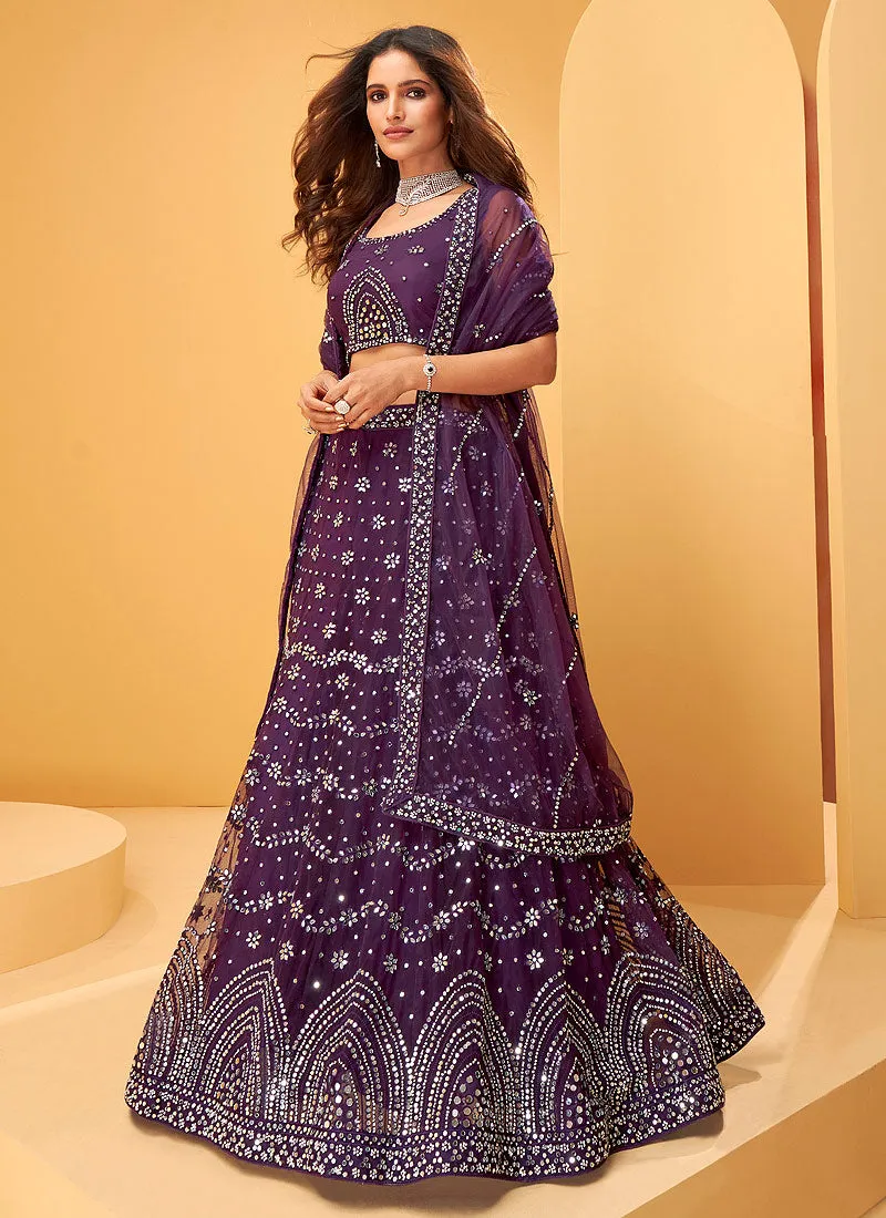 Purple Mirror Work Embroidered Wedding Lehenga Choli