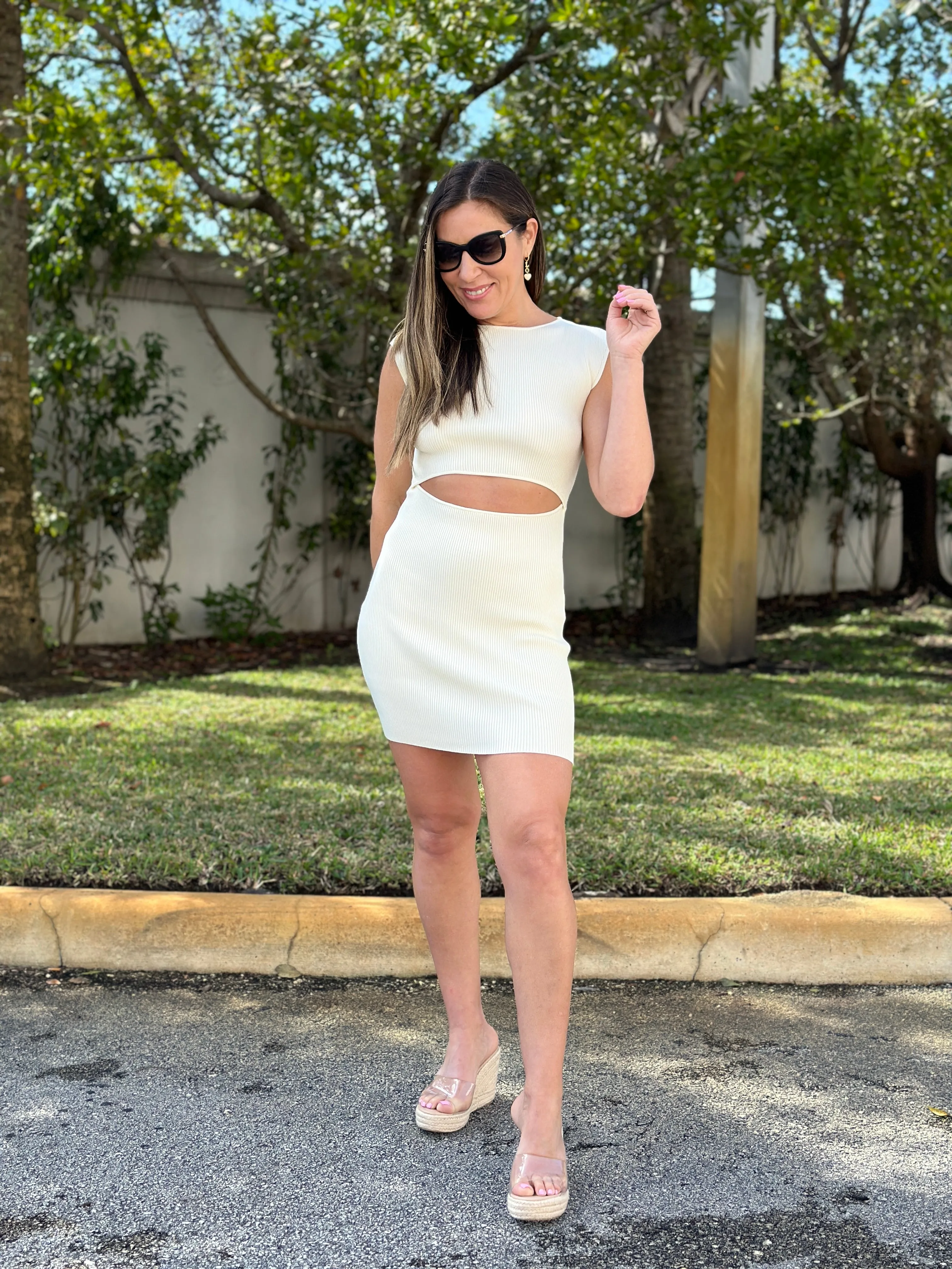 "Claire" Sleeveless Boat Neckline, An Enticing keyhole Cutout at the Waist Mini Dress