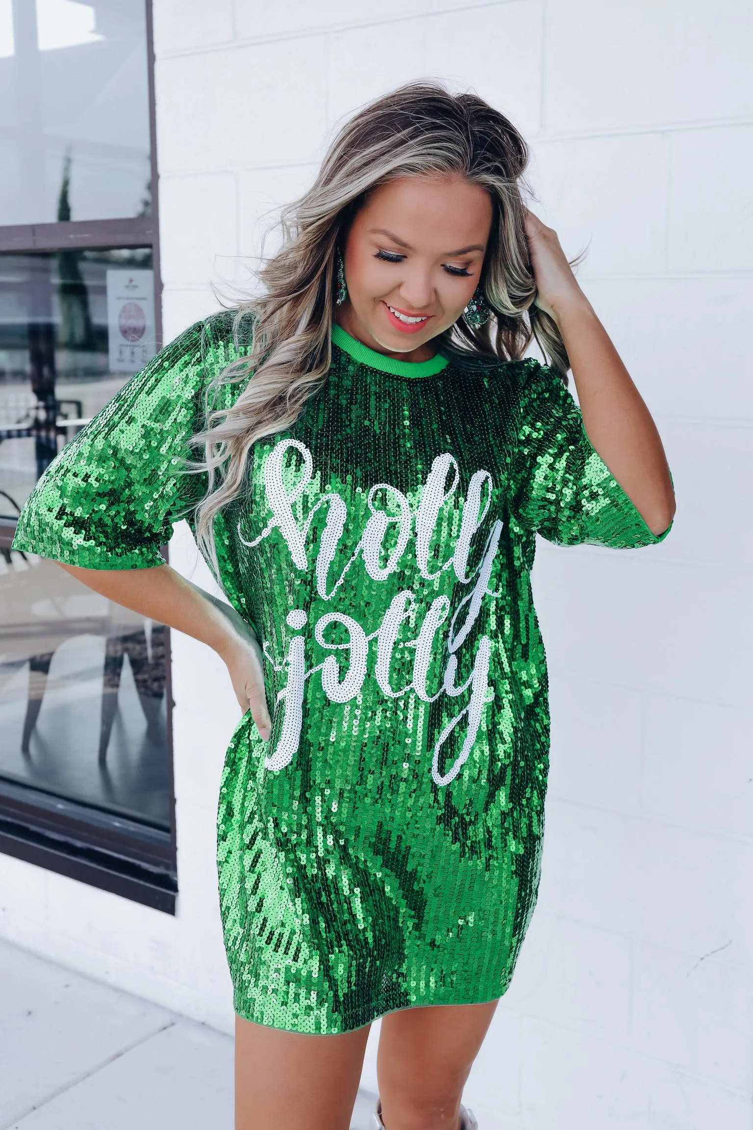 "Holly Jolly" Sequin T-Shirt Dress - Green