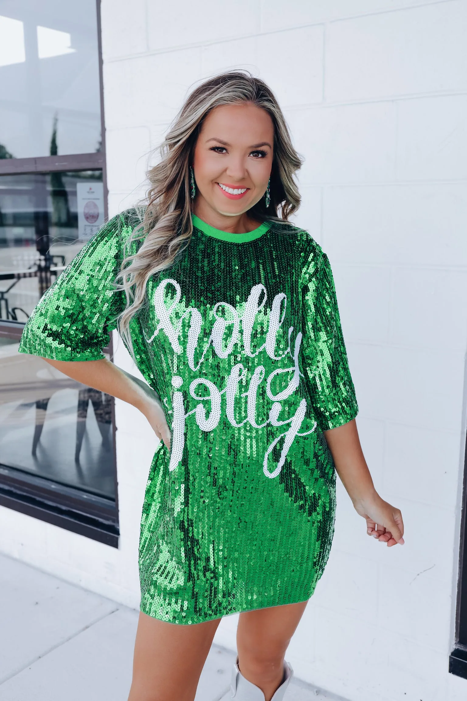 "Holly Jolly" Sequin T-Shirt Dress - Green