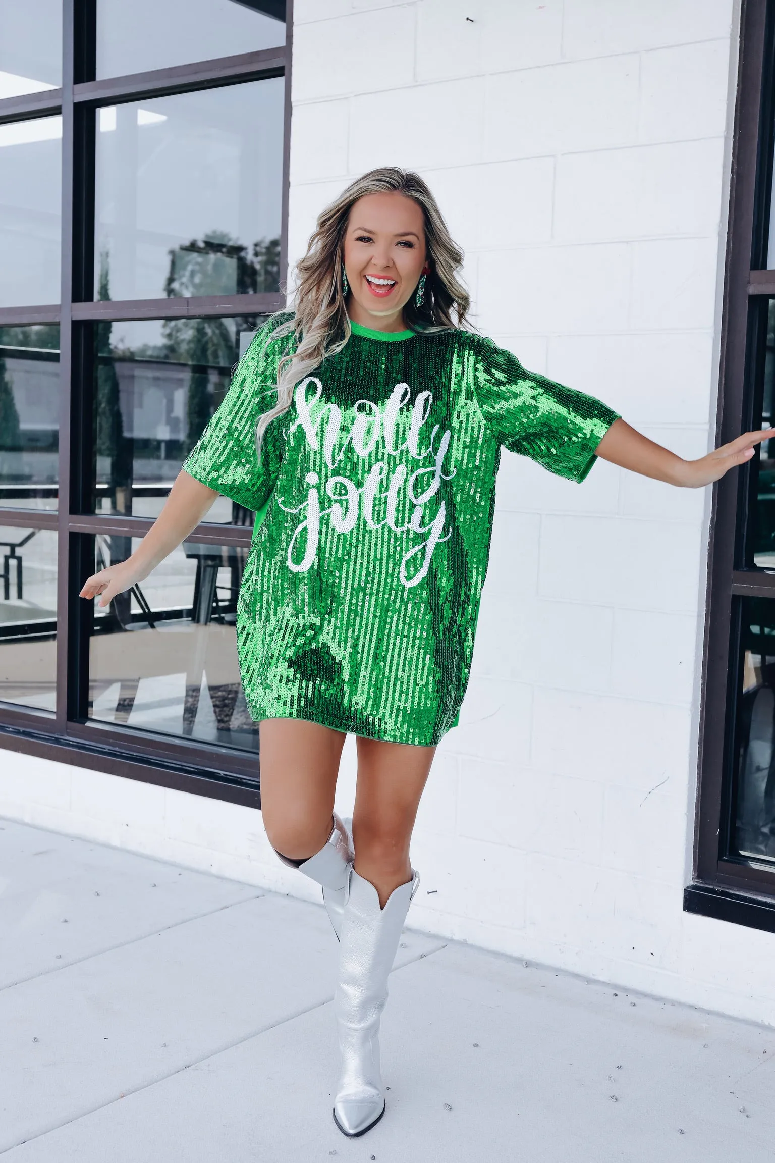 "Holly Jolly" Sequin T-Shirt Dress - Green