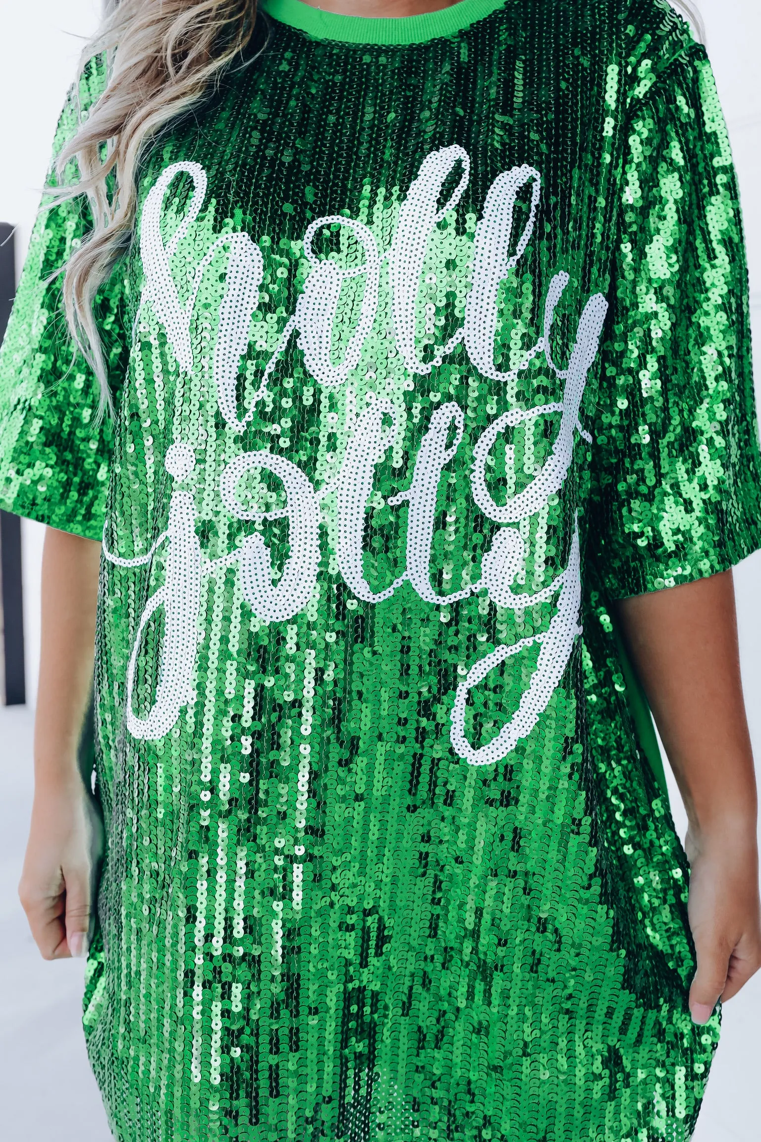 "Holly Jolly" Sequin T-Shirt Dress - Green