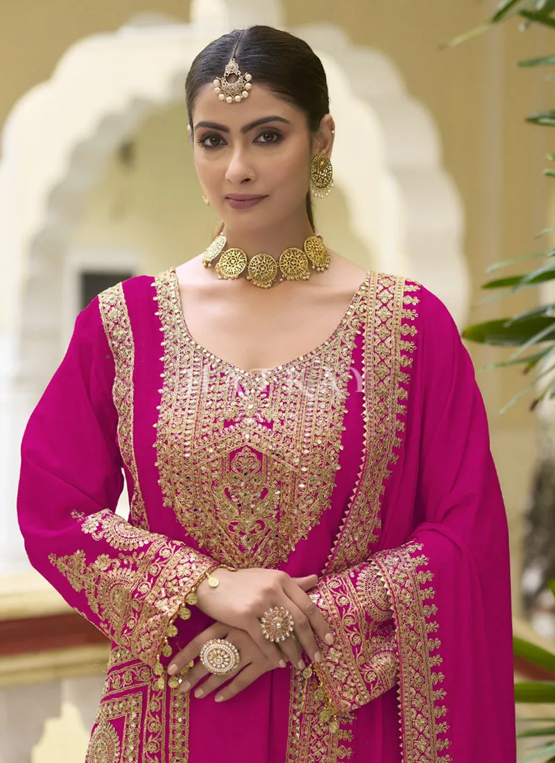 Rani Pink Golden Embroidered Pakistani Palazzo Style Suit