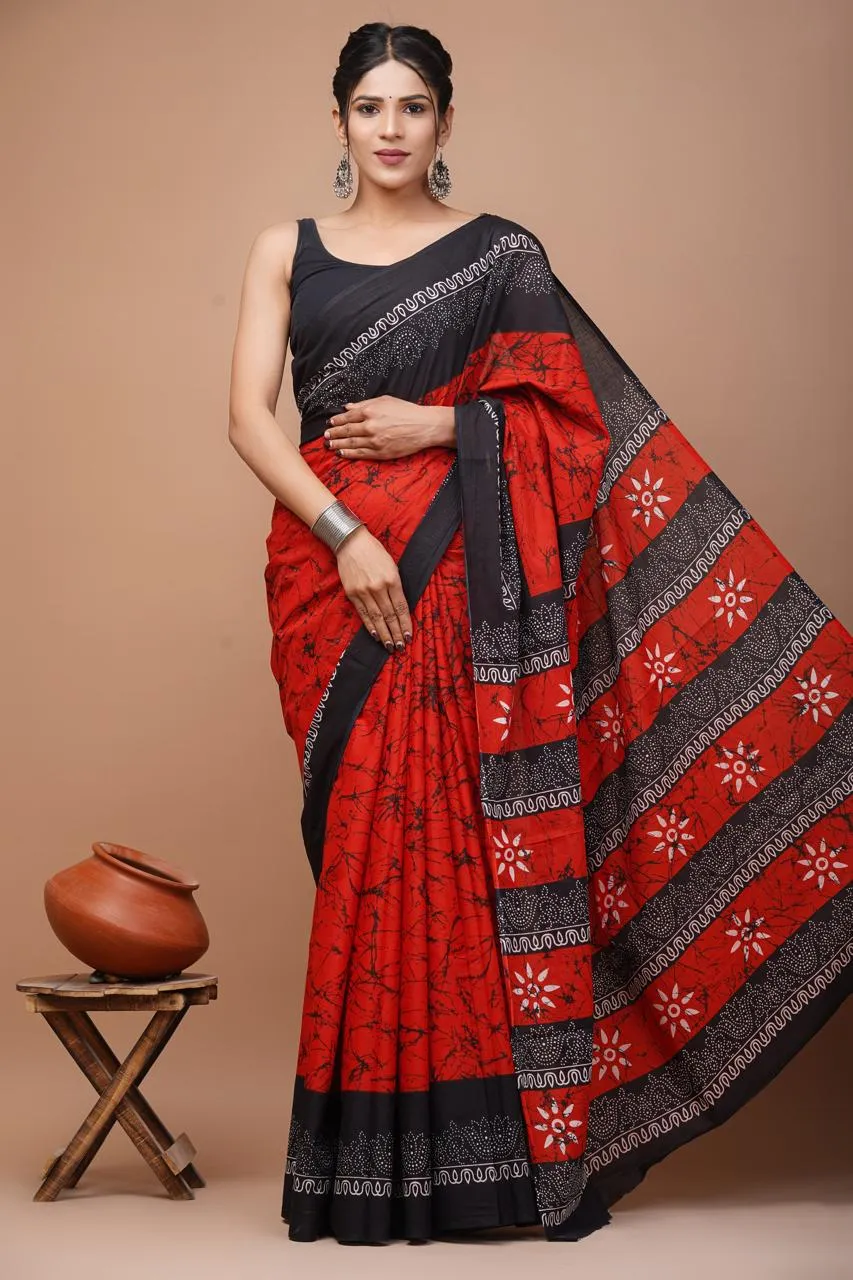 Red and Black Cotton Saree