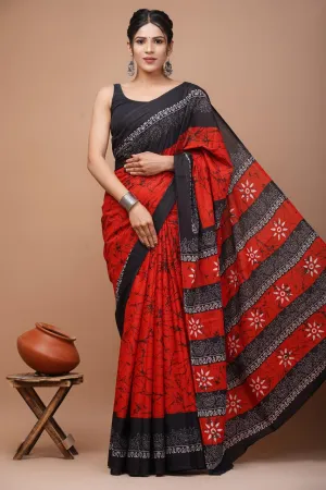 Red and Black Cotton Saree