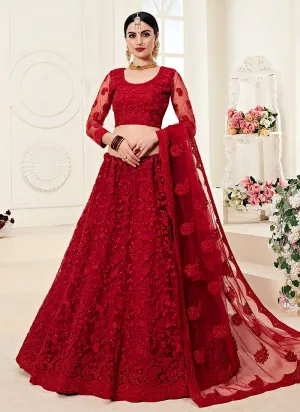 Red Pearl Embroidered Wedding Lehenga Choli
