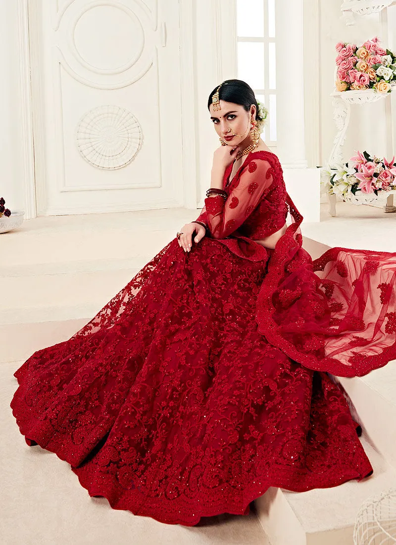 Red Pearl Embroidered Wedding Lehenga Choli
