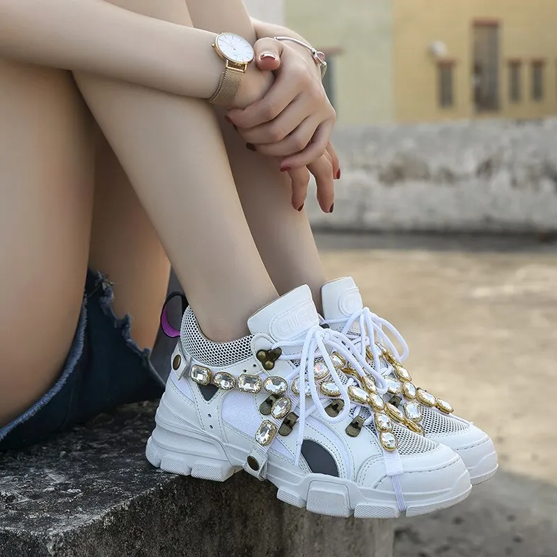 Rhinestone Shoes Women Platform Sneakers White zapatos de mujer Brand Crystals Ladies Chunky footware Thick Bottom Dad Sneakers