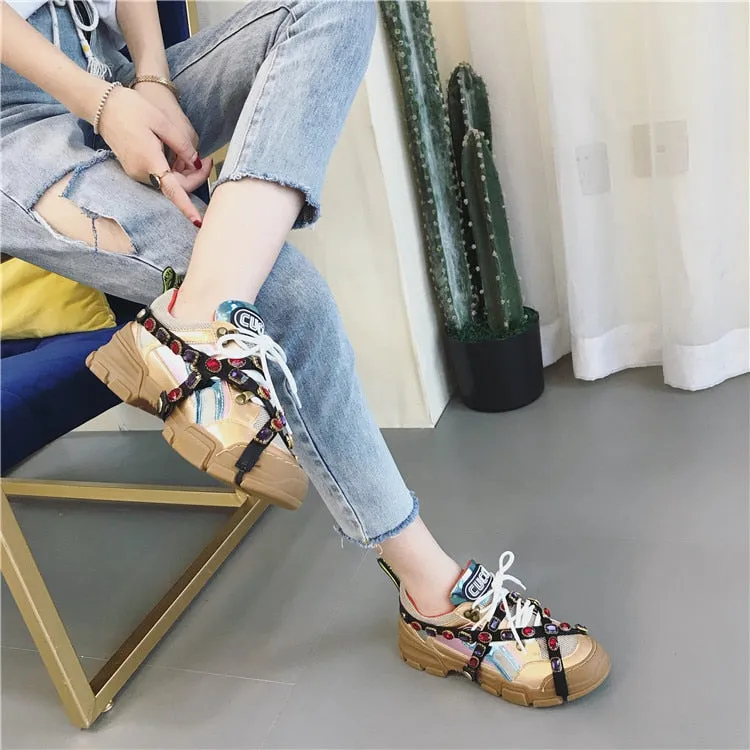 Rhinestone Shoes Women Platform Sneakers White zapatos de mujer Brand Crystals Ladies Chunky footware Thick Bottom Dad Sneakers