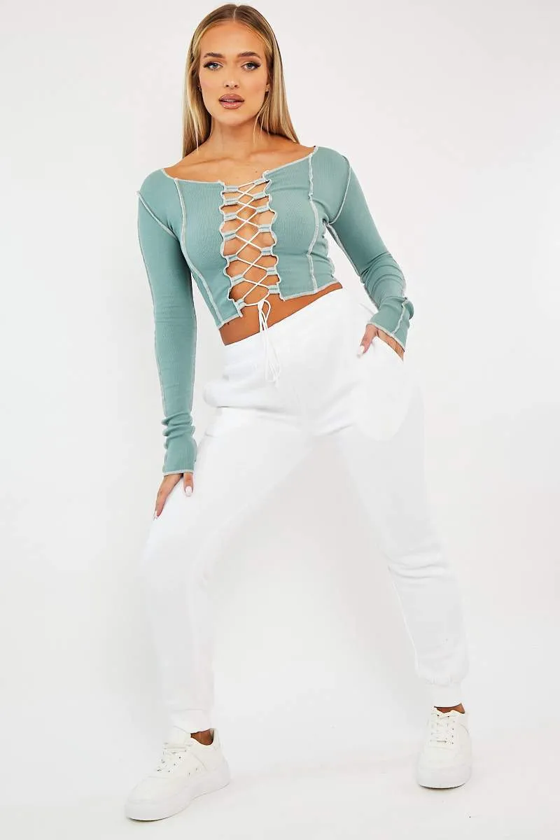 Sage Lace Up Contrast Stitch Long Sleeve Crop Top - Mitzi