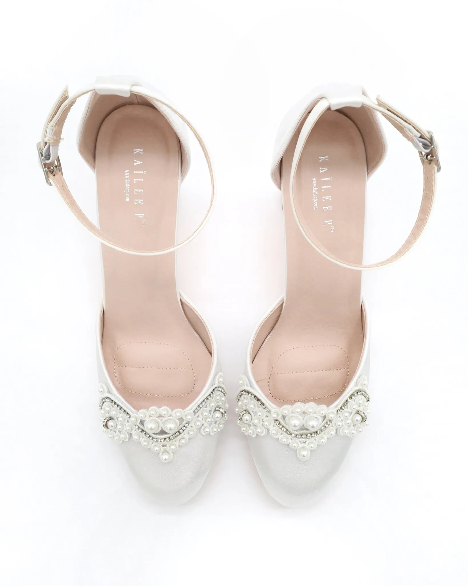 Satin Wedding Block Heel with Small Pearls Applique