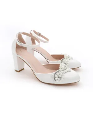 Satin Wedding Block Heel with Small Pearls Applique