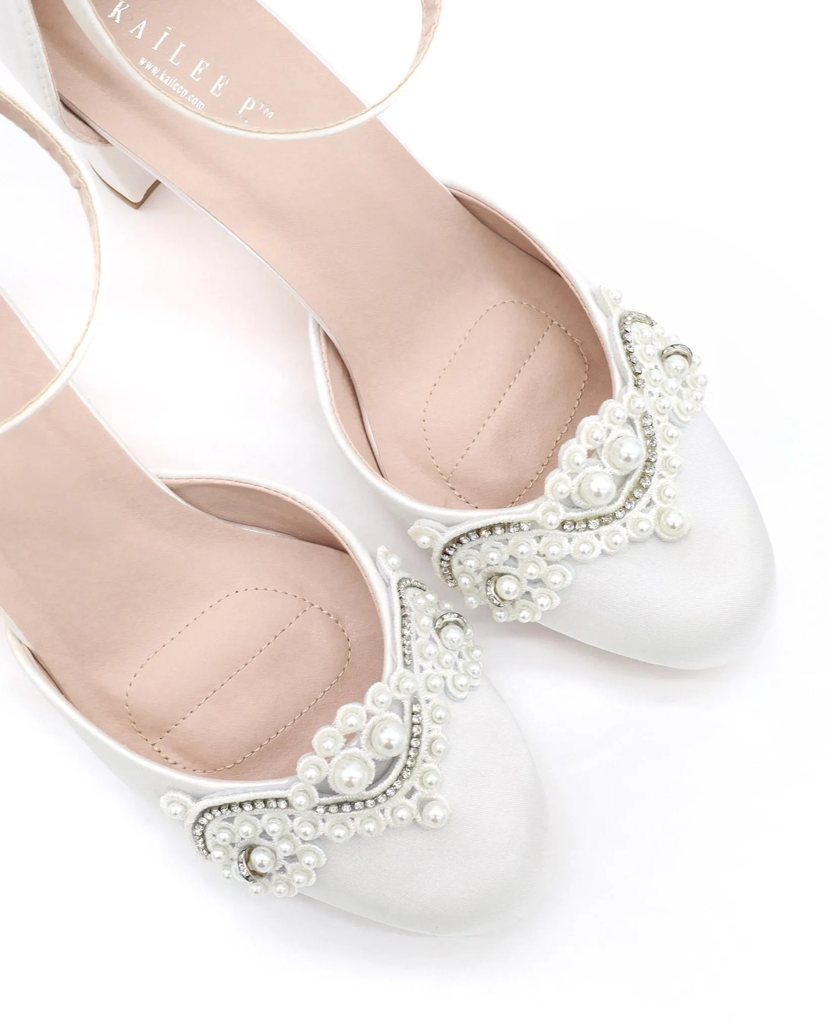 Satin Wedding Block Heel with Small Pearls Applique