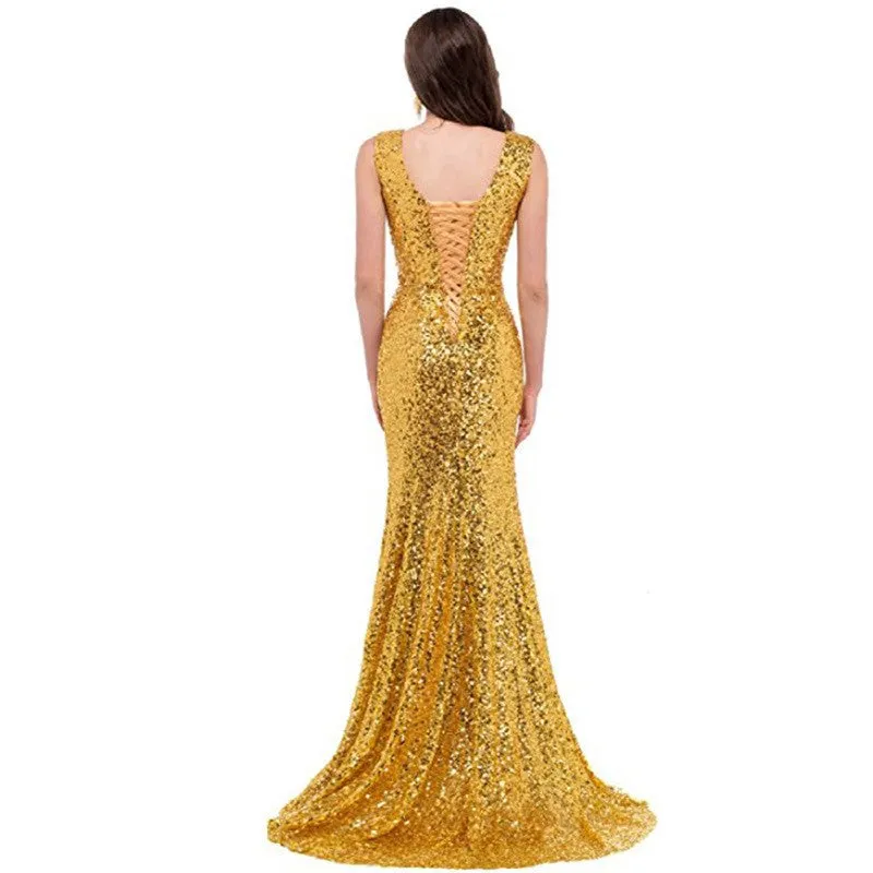 sd-hk Women Sequin Evening Maxi Dress Strapless Slim Prom Gowns