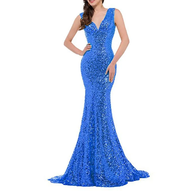 sd-hk Women Sequin Evening Maxi Dress Strapless Slim Prom Gowns