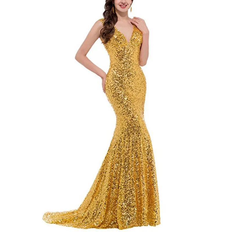 sd-hk Women Sequin Evening Maxi Dress Strapless Slim Prom Gowns