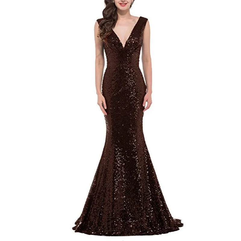 sd-hk Women Sequin Evening Maxi Dress Strapless Slim Prom Gowns