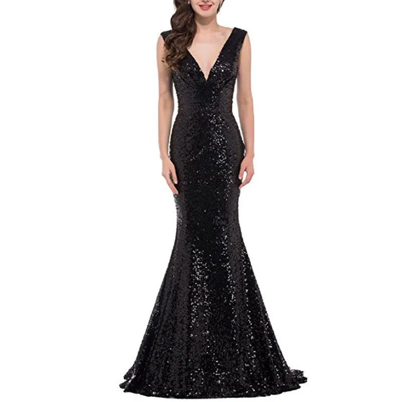 sd-hk Women Sequin Evening Maxi Dress Strapless Slim Prom Gowns