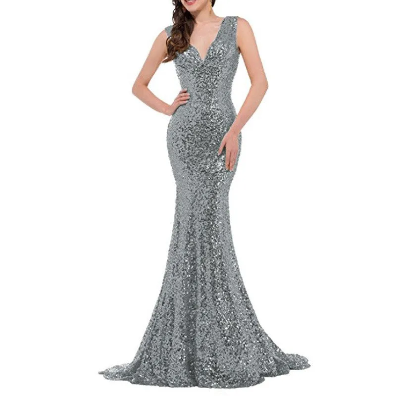 sd-hk Women Sequin Evening Maxi Dress Strapless Slim Prom Gowns