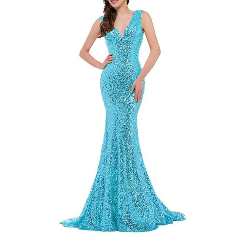 sd-hk Women Sequin Evening Maxi Dress Strapless Slim Prom Gowns
